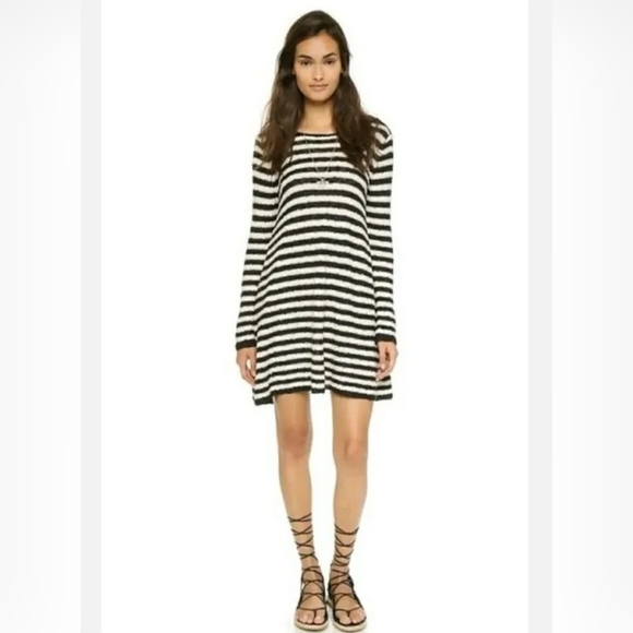 Free People Striped Swing Tunic Dress Womens S Oversized Nob Knit Black Ivory - Picture 2 of 8